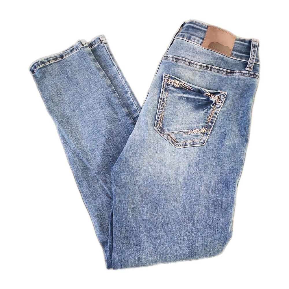 Maurices Denim Jeans Womens 7/8 28x31 Blue Skinny Low Rise Embroidered Pockets
